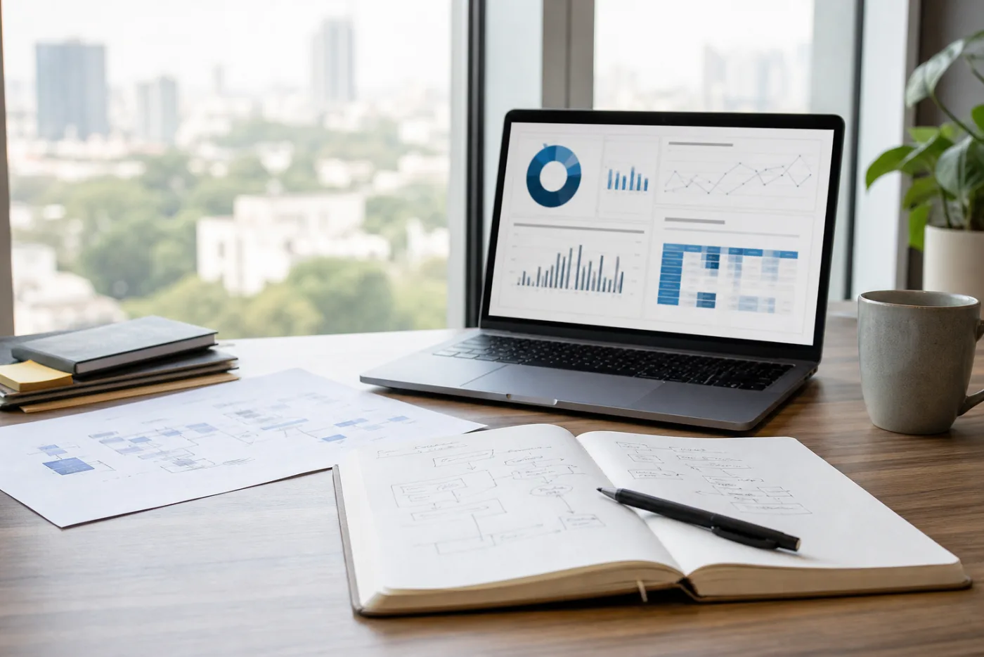 Workspace with dashboards, notes, and architecture sketches for technology planning